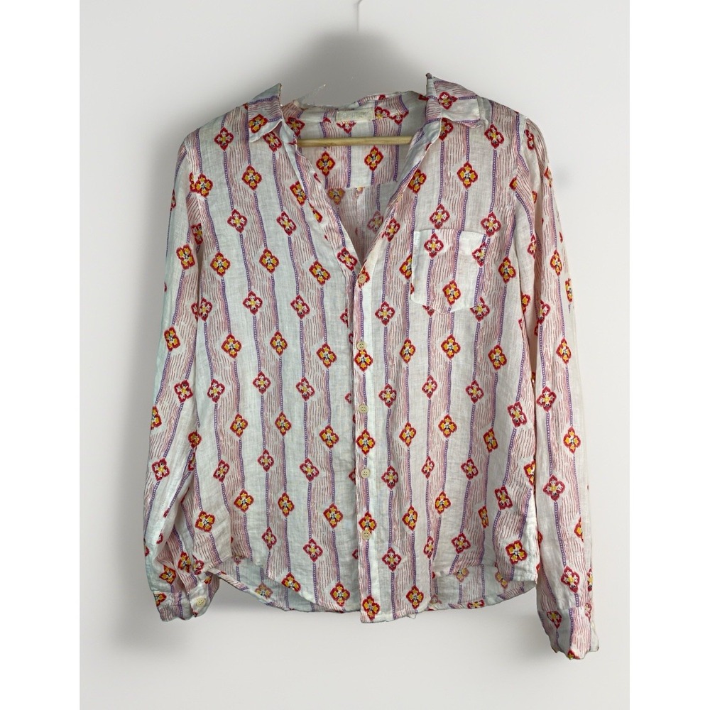 CP Shades Women's S Ivory Striped 100% Linen Long Sleeve Button Up V-Neck Shirt